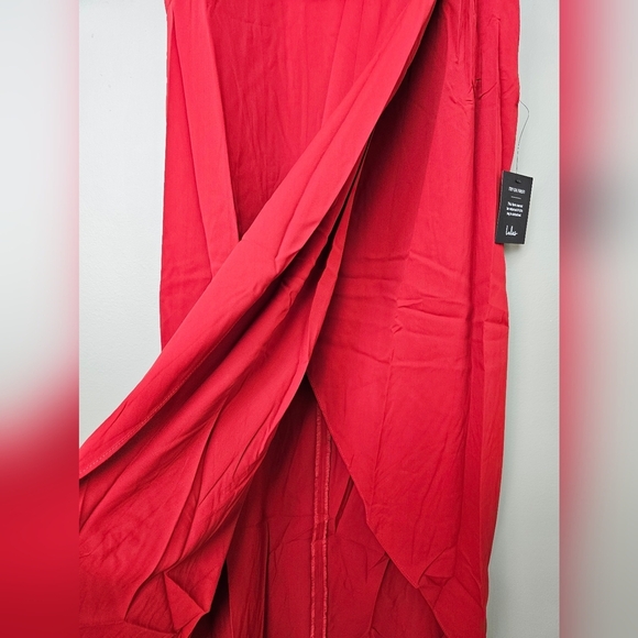 Lulus Women's Reinette Rust Red Faux Wrap Pleated Overlap Sleveless Midi Dress - Picture 10 of 16